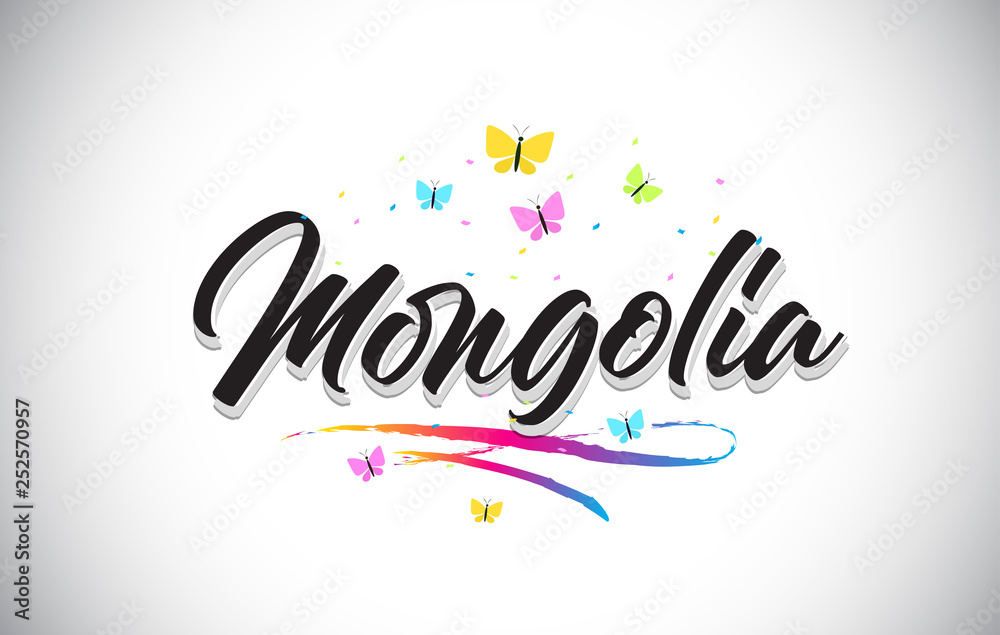 Mongolia Handwritten Vector Word Text with Butterflies and Colorful Swoosh.