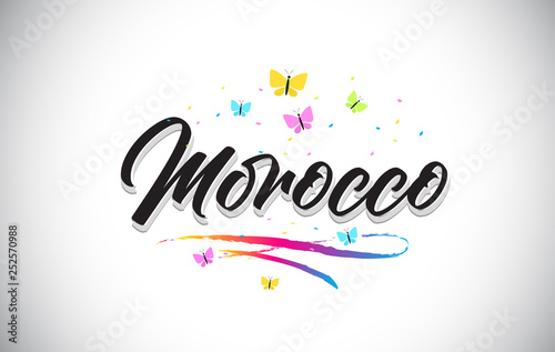 Morocco Handwritten Vector Word Text with Butterflies and Colorful Swoosh.