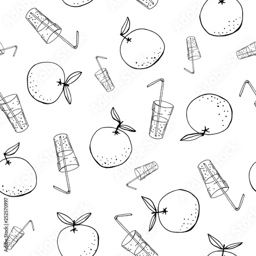 Whimsical hand-drawn doodle oranges and juice vector seamless pattern background. Line Art Summer Fruits
