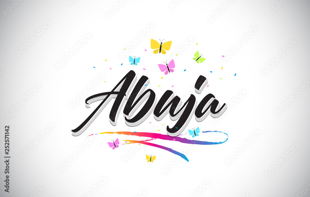 Abuja Handwritten Vector Word Text with Butterflies and Colorful Swoosh.