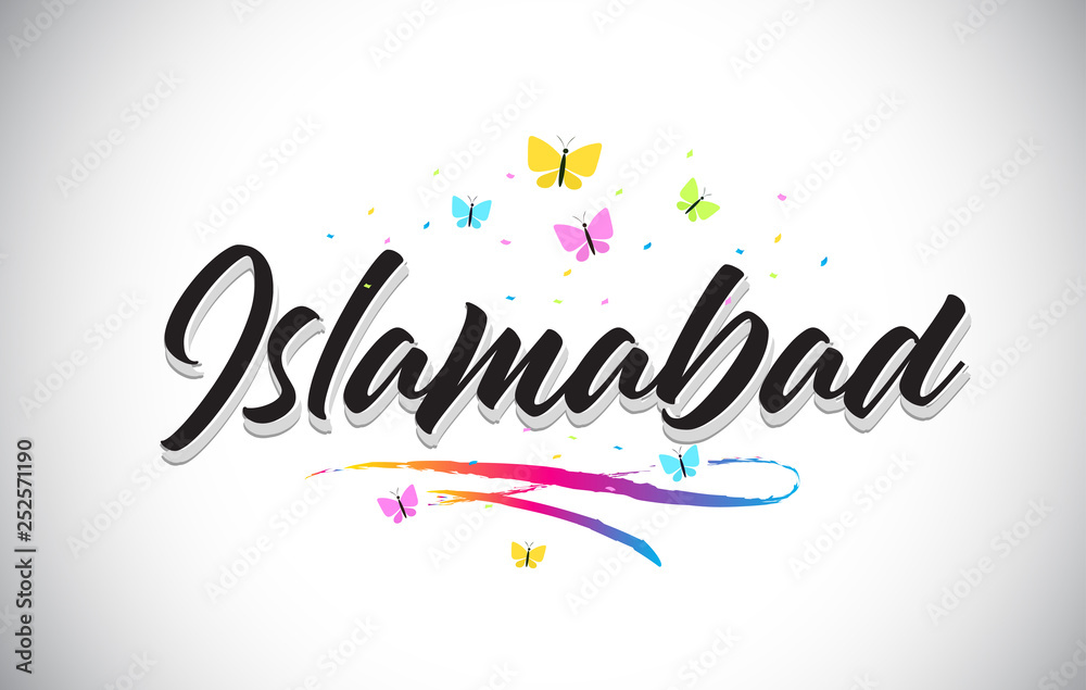 Islamabad Handwritten Vector Word Text with Butterflies and Colorful Swoosh. Islamabad Handwritten Vector Word Text with Butterflies and Colorful Swoosh.