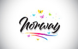 Norway Handwritten Vector Word Text with Butterflies and Colorful Swoosh.