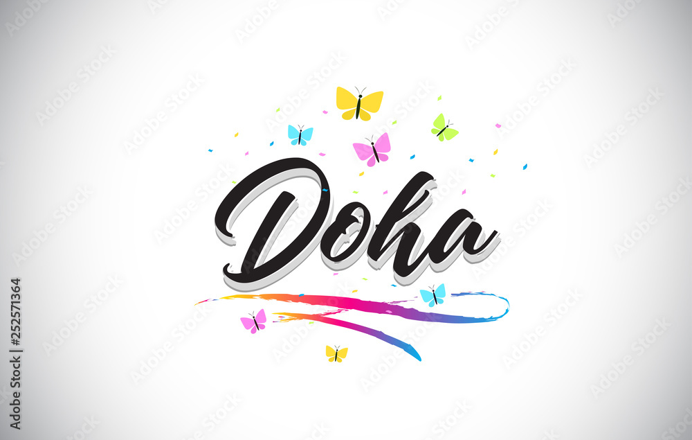 Doha Handwritten Vector Word Text with Butterflies and Colorful Swoosh.
