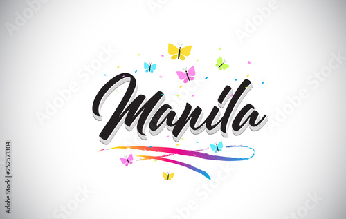 Manila Handwritten Vector Word Text with Butterflies and Colorful Swoosh.