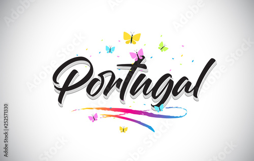 Portugal Handwritten Vector Word Text with Butterflies and Colorful Swoosh.