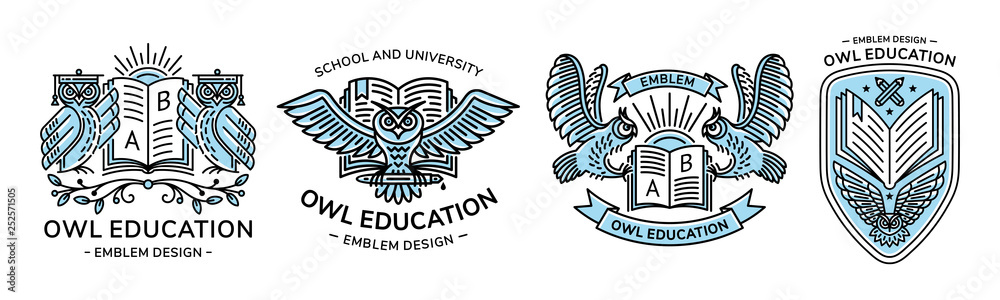 Owl vector emblem, illustration, logo set for education, schools, universities in linear style Owl vector emblem, illustration, logo set for education, schools, universities in linear style