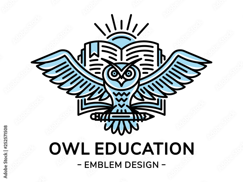 Owl and book vector emblem, illustration, logo for education, schools, universities in linear style Owl and book vector emblem, illustration, logo for education, schools, universities in linear style