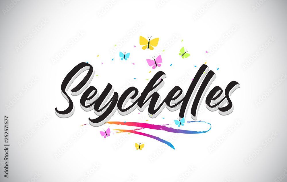 Seychelles Handwritten Vector Word Text with Butterflies and Colorful Swoosh.