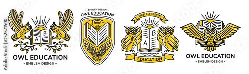 Owl vector emblem, illustration, logo set  for education, schools, universities  in linear style