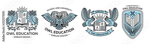 Owl vector emblem, illustration, logo set  for education, schools, universities  in linear style