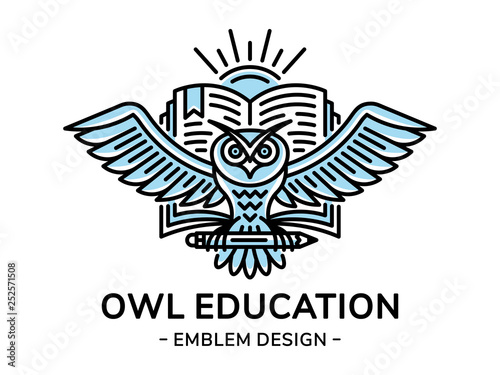 Owl and book vector emblem, illustration, logo for education, schools, universities in linear style