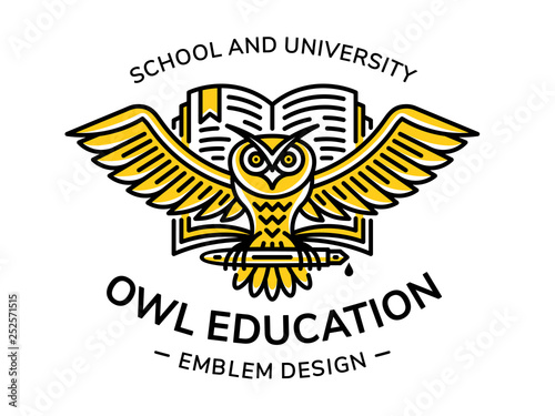 Owl and book vector emblem, illustration, logo for education, schools, universities  in linear style
