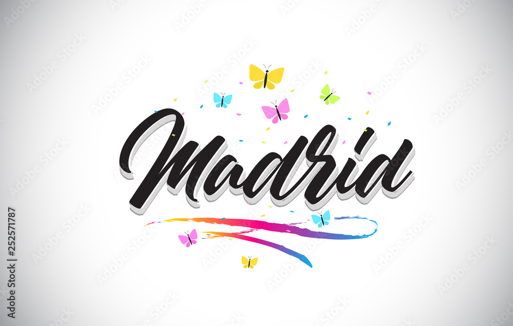 Madrid Handwritten Vector Word Text with Butterflies and Colorful Swoosh.