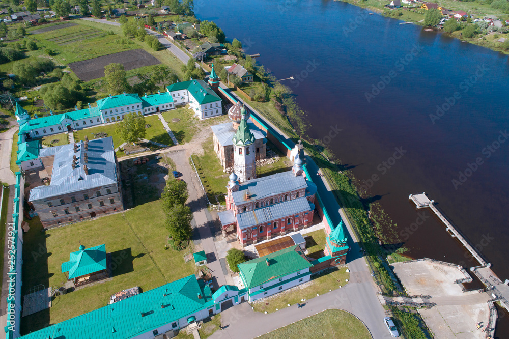 A view from the height of the Staraya Ladoga Nikolsky monastery on a sunny May afternoon (aerial photography). Staraya Ladoga Russia