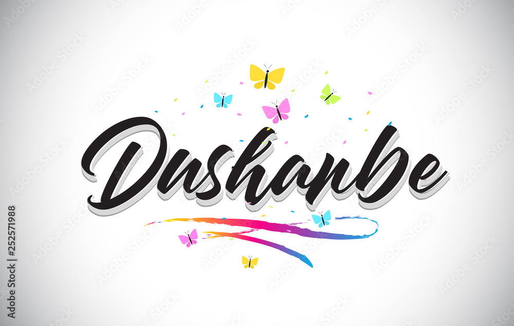 Dushanbe Handwritten Vector Word Text with Butterflies and Colorful Swoosh.
