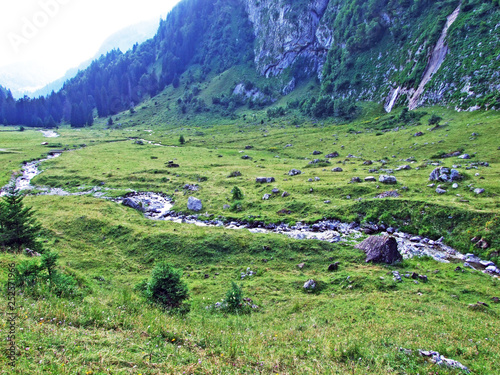 Alpine pastures and meadows on the slopes of Alpstein mountain range and in the river Thur valley - Cantons of St. Gallen and Appenzell Innerrhoden, Switzerland photo