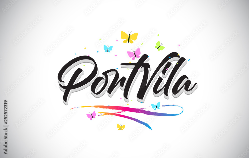 PortVila Handwritten Vector Word Text with Butterflies and Colorful Swoosh.