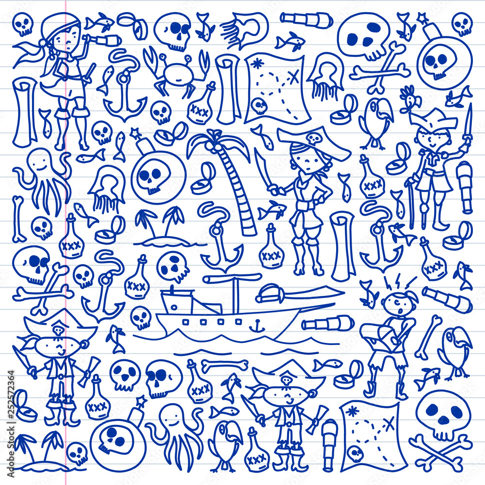 Fototapeta premium Vector set of pirates children's drawings icons in doodle style. Painted, colorful, pictures on a piece of linear paper on white background.
