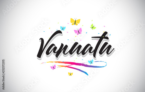 Vanuatu Handwritten Vector Word Text with Butterflies and Colorful Swoosh.