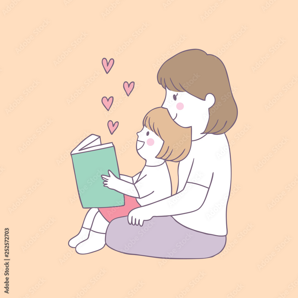 Cartoon cute mom reading book for daughter vector. Stock Vector | Adobe  Stock