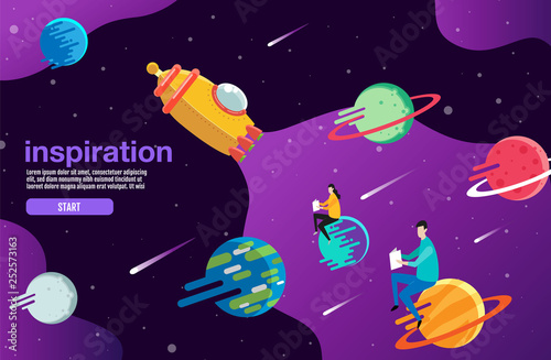 open book, space background, school, reading and learning , Imagination and inspiration picture. Fantasy and creative ,Vector flat illustration.