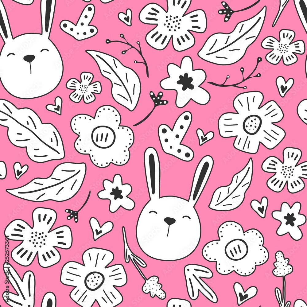 Spring flowers. Vector seamless pattern with flowers, leaves and rabbits. Fresh pattern for home decor. Seamless pattern can be used for pattern fills, web page background, surface textures.