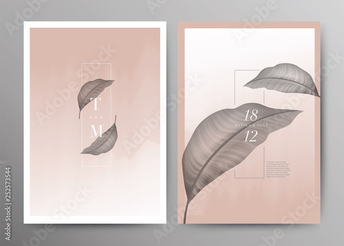 Set of Wedding Card template Background. For Invitation, menu, Decoration with leaf. Summer tropical pink and rose wine water color style. Vector illustration.