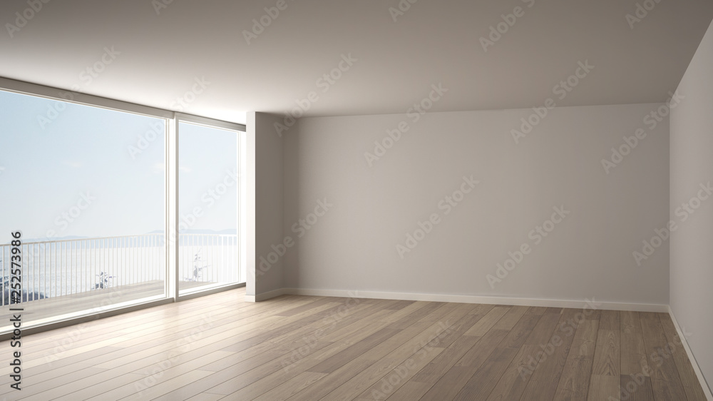 Fototapeta premium Empty room interior design, open space with big panoramic window, balcony on sea panoramic view, parquet wooden floor, modern contemporary architecture