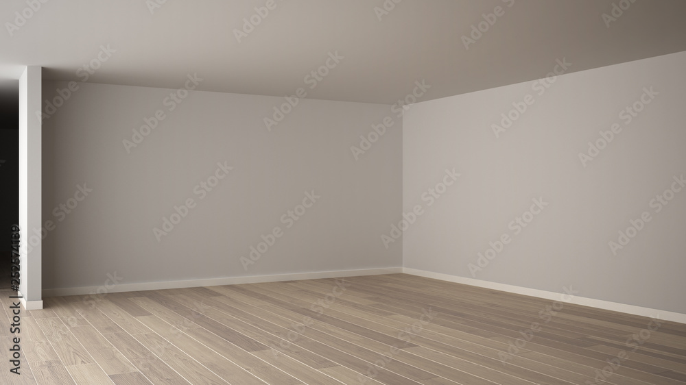 Empty room interior design, open space, parquet wooden floor, modern contemporary architecture Empty room interior design, open space, parquet wooden floor, modern contemporary architecture