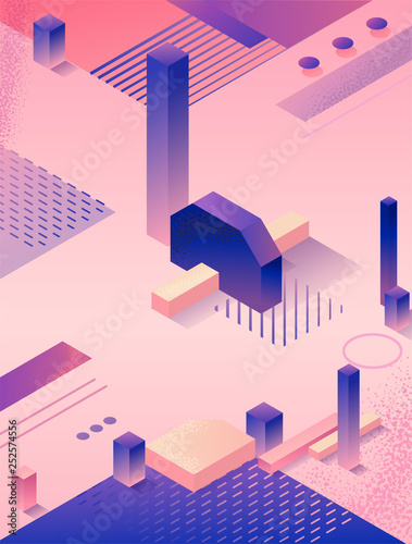 Isometric abstract violet poster in trendy purple color with geometric 3d shapes, brochure template, futuristic background, colorful bright vector illustration, cover, print, flyer