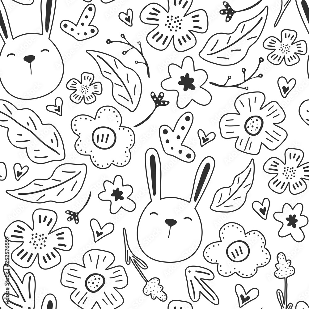 Spring flowers. Vector seamless pattern with flowers, leaves and rabbits. Fresh pattern for home decor. Seamless pattern can be used for pattern fills, web page background, surface textures. Spring flowers. Vector seamless pattern with flowers, leaves and rabbits. Fresh pattern for home decor. Seamless pattern can be used for pattern fills, web page background, surface textures.