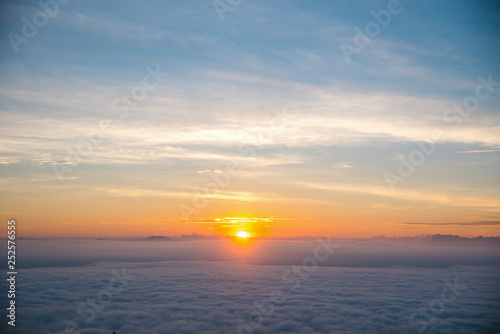 Mountain panorama during sunrise. Beautiful natural panoramic landscape in the summer time