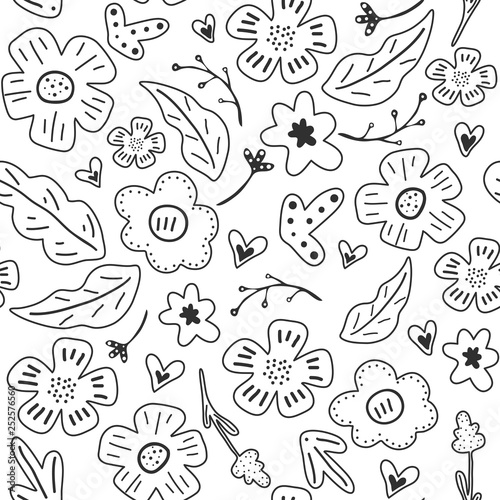Spring flowers. Vector seamless pattern with flowers, leaves and hearts. Fresh pattern for home decor. Seamless pattern can be used for pattern fills, web page background, surface textures.