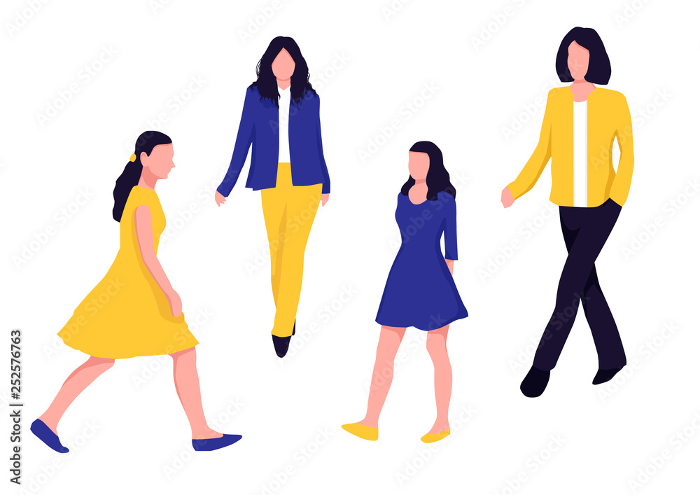 Woman Walking Silhouette. Colorful Set. Vector Illustration on White Background