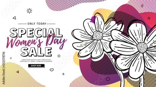 Modern Template design for 8 march event.  Promotion banner  for international women's day offer with flower decoration.  Line illustration blossom floral with abstract geometric shape sale. Vector