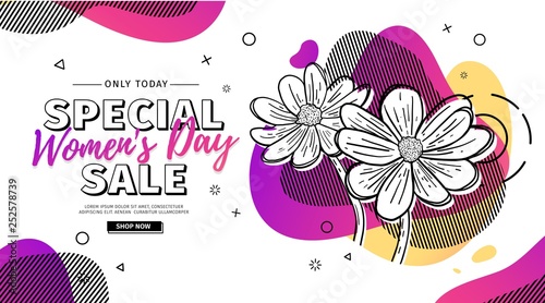 Modern Template design for 8 march event.  Promotion banner  for international women's day offer with flower decoration.  Line illustration blossom floral with abstract geometric shape sale. Vector