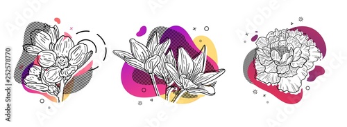 Template design set print with flower line. Poster with modern abstract gradient shape with floral blossom.  Illustration for t-shirt,  summer and spring banner.  Vector