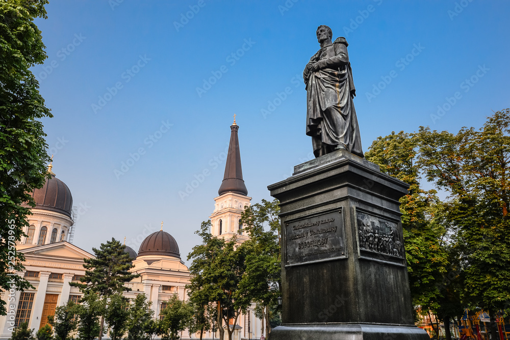The Statue of Graf Vorontsov near The Transfiguration Cathedral in Odessa, Ukraine
