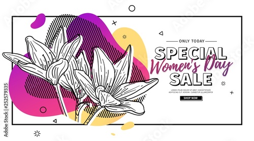 Modern Template design for 8 march event.  Promotion banner  for international women's day offer with flower decoration.  Line illustration lily blossom with abstract geometric shape for sale. Vector