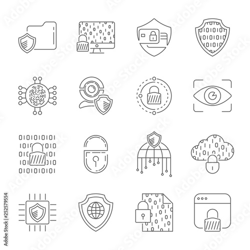 Cyber security, information, data and network protection. Protection technology, web services for business and internet safety. Thin line icons set. Editable Stroke. EPS 10
