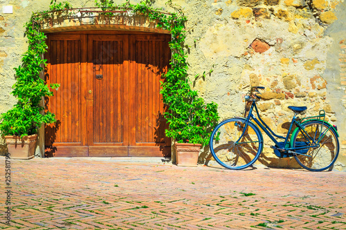 Fototapeta Naklejka Na Ścianę i Meble -  Tuscany street with flowery entrance and retro bicycle, Pienza, Italy