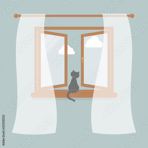 Wooden window with tulle as design element for interior of room on blue background. Outside the sky and white clouds. Cat sit on windowsill and looking in the open window.Vector illustration