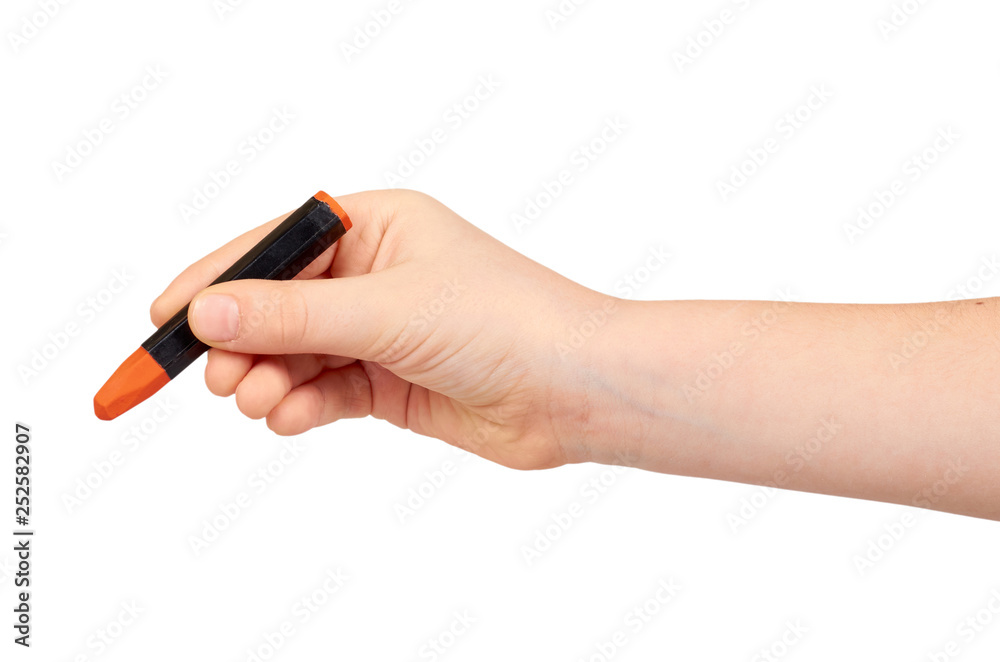 Kid hand holding color pencil, writing and drawing gesture. Kid hand holding color pencil, writing and drawing gesture.