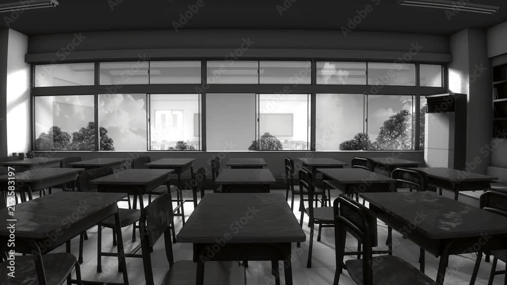 Window view of empty classroom