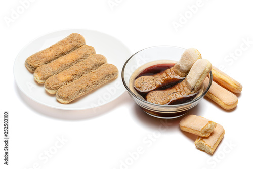 Italian Savoiardi Biscuits and coffee isolated on white with clipping path photo