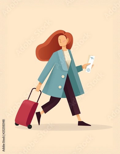 Girl Traveler Holding Suitcase And Ticket. Flat illustration