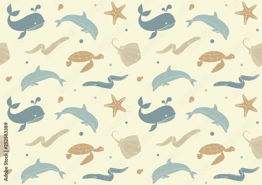 Seamless background with icons of sea inhabitants in flat style Seamless background with icons of sea inhabitants in flat style