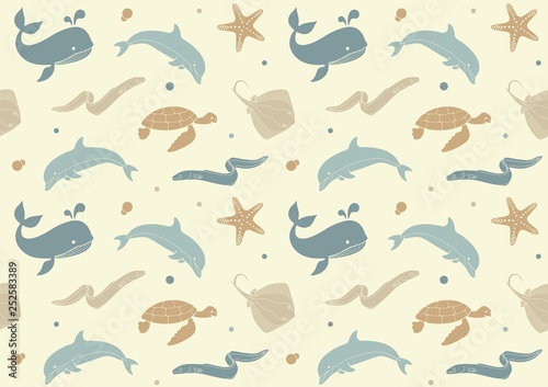 Seamless background with icons of sea inhabitants in flat style