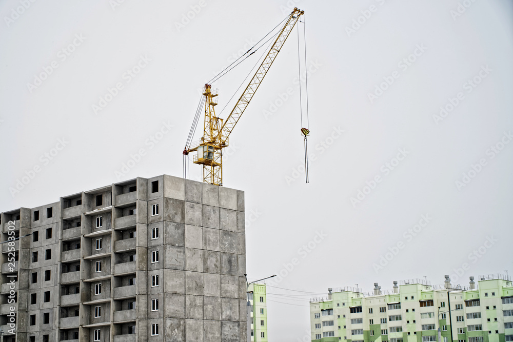 Multi-storey apartment building and a crane in the final stage of construction against the background of constructed houses Multi-storey apartment building and a crane in the final stage of construction against the background of constructed houses