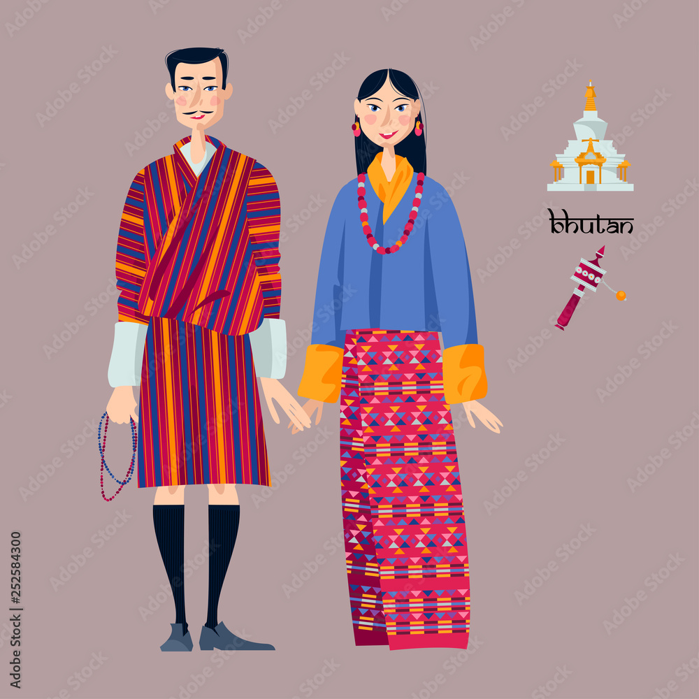 Bhutan. Couple in traditional national clothes. Stock Vector | Adobe Stock